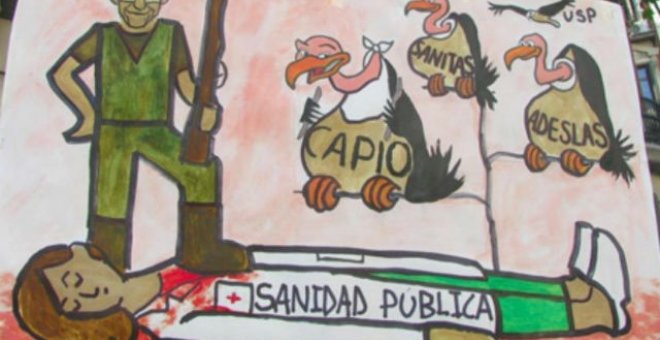 Uno de los carteles exhibidos durante las 'mareas blancas' madrileñas muestra, en una viñeta, la "muerte" de la sanidad pública en manos de empresas privadas.