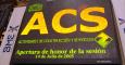 El logo de ACS en los paneles de la Bolsa de madrid, en el decimoquinto aniversario de la cotización de la empresa de construcción y servicios.