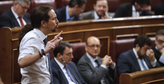 El líder de Podemos, Pablo Iglesias, durante la sesión de control al Gobierno en el Congreso. - EFE