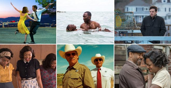 Imágenes de algunas de las películas que compiten en los Oscar: 'La La Land','Moonlight', 'Manchester frente al mar','Figuras ocultas', 'Comanchería', y 'Fences'