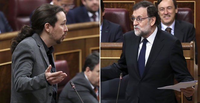 Combo de imágenes de Pablo Iglesias y Mariano Rajoy durante la sesión de control al Gobierno en el Congreso de los Diputados. - EFE