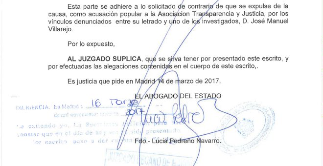Fragmento de la alegación del abogado del Estado reclamando la expulsión de la causa del pequeño Nicolás al excomisario Villarejo por sus vínculos con la Asociación Transparencia y Justicia.