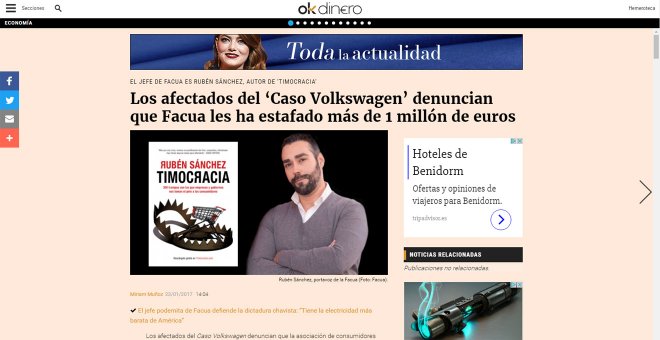 La falsa noticia de OKdiario contra FACUA, presentada en el suplemento económico del medio digital de Eduardo Inda.