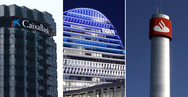 Los logos de Caixabank, BBVA y Santander, en sus respectivas sedes en Barcelona, Madrid y Boadilla.