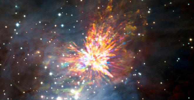 Explosión estelar en Orión detectada con los datos de ALMA, aunque la fotografía también incluye imágenes del infrarrojo cercano captadas con los telescopios Gemini Sur y VLT del Observatorio Europeo Austral. / ALMA (ESO/NAOJ/NRAO), J. Bally/H. Drass et a
