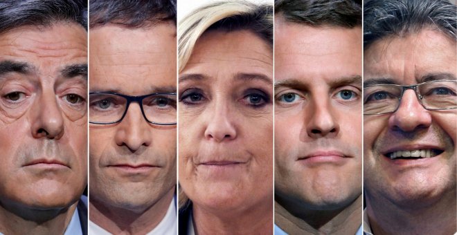 Combo de imágenes con los rostros de Francois Fillon, Benoit Hamon, Marine Le Pen, Emmanuel Macron y Jean-Luc Melenchon. - REUTERS