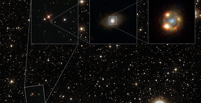 La supernova magnificada (iPTF16geu), vista con diferentes telescopios. A la derecha se observa la cruz de Einstein.-NASA, ESA, Sloan Digital Sky Survey, W. M. Keck Observatory, Palomar Observatory/California Institute of Technology .