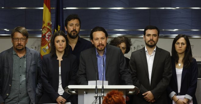 Rueda de prensa de Unidos Podemos en el que se anuncia la moción de censura contra Rajoy.- EP