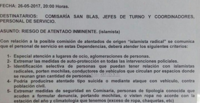 Orden de Servicio de la Comisaría de San Blas (Madrid) que advierte de "riesgo de atentado inminente"