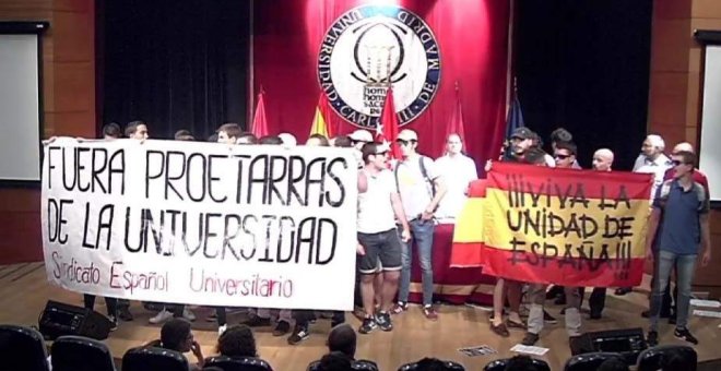 Quince falangistas boicotean un acto en la Universidad Carlos III sobre la represión al grito de "fuera proetarras". EUROPA PRESS
