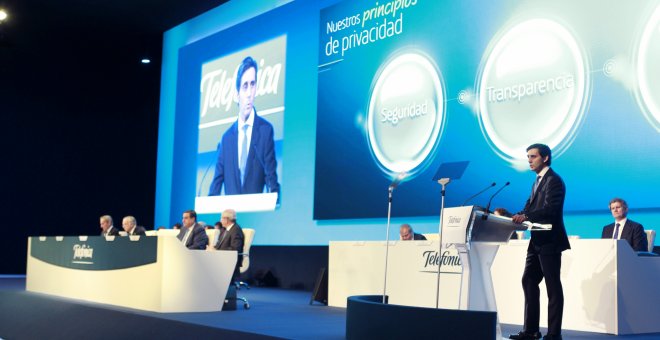 El presidente de Telefónica, José María Álvarez-Pallete, durante su intervención ante la junta de accionistas de la multinacional celebrada en Ifema en Madrid. EFE/César Cabrera