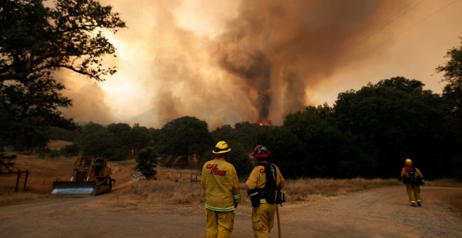 Los bomberos del CalFire controlan las llamas del incendio Detwiler en Mariposa, California / Reuters