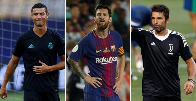 Los futbolistas Cristiano Ronaldo, Lionel Messi y Gianluigi Buffon. REUTERS