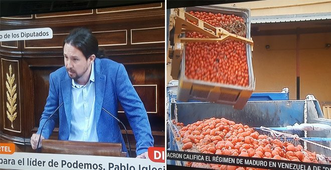 La imagen de la izquierda corresponde a Antena 3, que sí ha emitido en directo el discurso de Iglesias. La imagen corresponde a la emisión de La 1 durante la intervención de Iglesias.