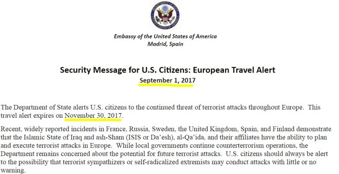 Última alerta terrorista de EEUU transmitida el 1 de septiembre a los ciudadanos norteamericanos por la embajada en España.