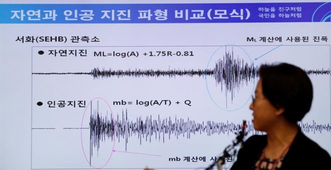 Lee Mi-Seon, directora general del Centro Meteorológico de Corea del Sur, detalla las diferencias entre un terremoto natural y otro artificial, en Seúl, tras el seísmo vivido por las pruebas nucleares de Corea del Norte. EFE/J. Heon-Kyun