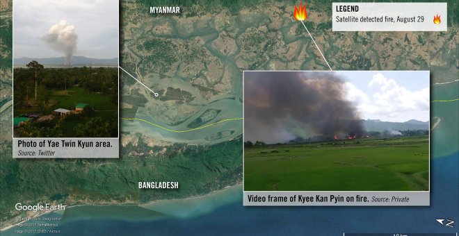 Gráfico de las imágenes por satélite de las zonas afectadas junto a las fotografías tomadas del mismo incendio. / Amnistía Interacional