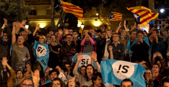 La plaça Catalunya celebra el 1-0. - JAIRO VARGAS