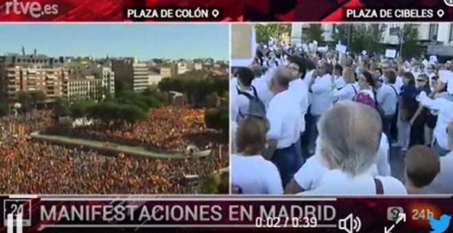 Captura de la cobertura de las dos manifestaciones por el canal 24Horas de TVE.