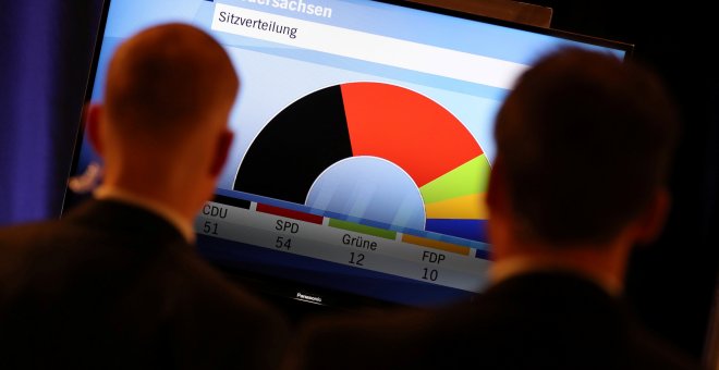 Varias personas siguen el escritinio de las elecciones regionales en el 'lander' de Baja Sajonia, en los estudios de un canal de televisión en Hannover. REUTERS/Christian Charisius