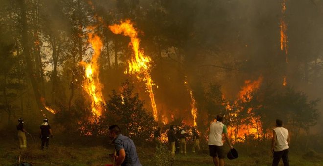 Un grupo de personas tratan de apagar el incendio de Zamanes, Vigo. EFE/Salvador Sas