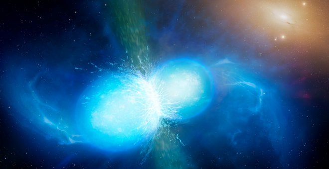 Ilustración de la violenta colisión y fusión de dos estrellas de neutrones./UNIVERSITY OF WARWICK/MARK GARLICK
