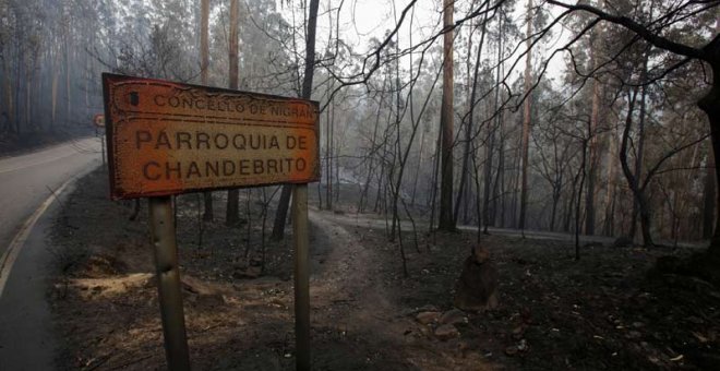 Zona quemada en la parroquia de Chandebrito (Pontevedra), donde murieron dos mujeres el pasado lunes. |  REUTERS