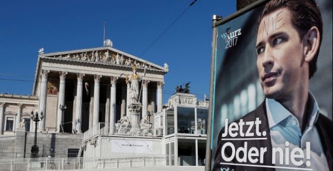 Un póster de campaña de Sebastian Kurz y el Parlamento de Viena en el fondo. REUTERS