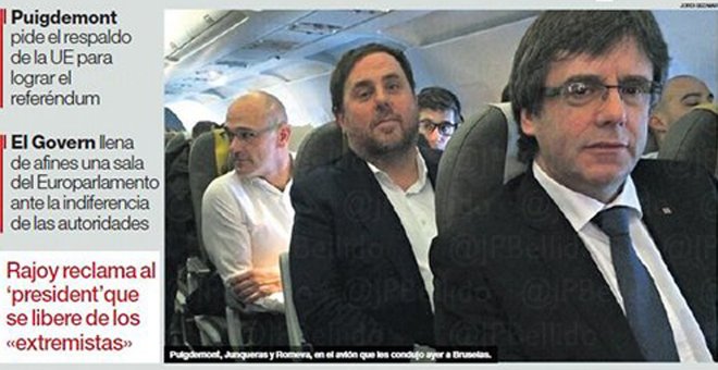 Imagen de la portada de 'El Periódico de Catalunya' del pasado 25 de enero, dando cuenta del viaje de Puigdemont, Junqueras y Romeva para pedir el apoyo de la UE a la independencia de Catalunya.