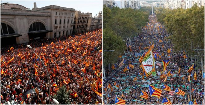 A la izquierda, manifestación en Barcelona organizada por Sociedad Civil Catalana el pasado 8 de ocubre; a la derecha, marcha convocada por ANC y Òmnium Cultural el pasado 21 de octubre, tras el ingreso en prisión de sus presidentes Jordi Sánchez y Jordi