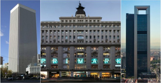 Algunos de los edificios propiedad de Amancio Ortega en Madrid: la Torre Picasso, la tienda Primar en la Gran Vía, yla Torre Cepsa.