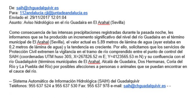 Reproducción literal del correo enviado por la CH del Guadalquivir a Emergencias de la Junta de Andalucía.