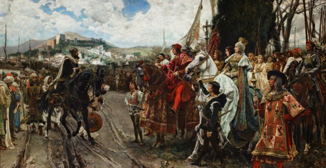 Cuadro 'La rendición de Granada', del pintor Francisco Pradilla y Ortiz, finalizado en 1882, que representa el momento en que Boabdil entrega las llaves de la ciudad a los Reyes Católicos