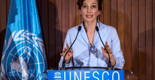 Audrey Azoulay durante su comparecencia tras ser elegida nueva directora de la UNESCO. / EFE
