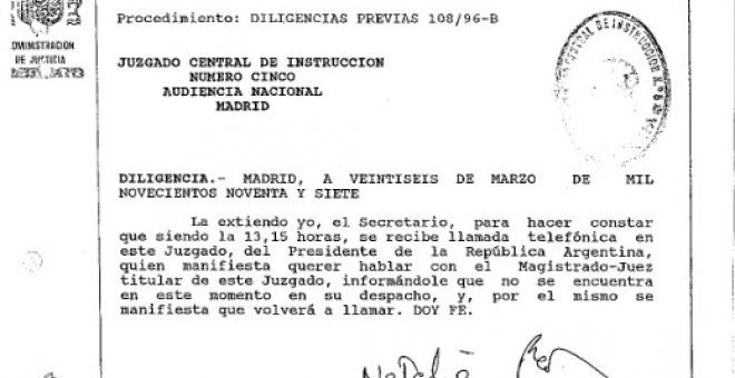 Llamada del presidente de la República Argentina Carlos Saúl Menem al juzgado de Instrucción Número 5 de la Audiencia Nacional./PÚBLICO