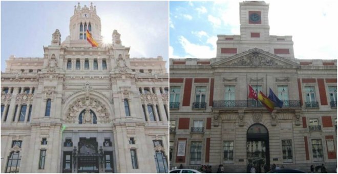 El edificio del Ayuntamiento de Madrid, en la Plaza de la Cibeles, y el de la Presidencia de la Comunidad de Madrid, en la Puerta del Sol. E.P.