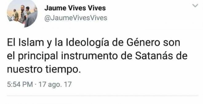 Tuit de Jaume Vives contra el Islam y la ideología de género.