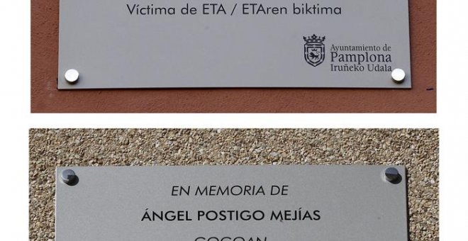 Combo de imágenes de las dos primeras placas "de recuerdo y homenaje" al estudiante Alfredo Aguirre Belascoain, y al agente de Policía Nacional Ángel Postigo Mejías, dos de las 27 víctimas de ETA en la ciudad, colocadas por el Ayuntamiento en Pamplona. EF