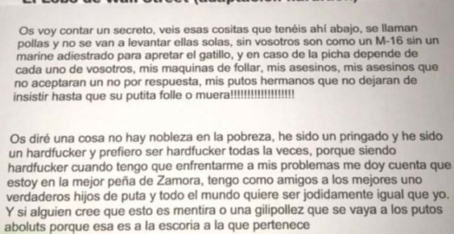 Carta publicada por la peña Hardfuck de Zamora