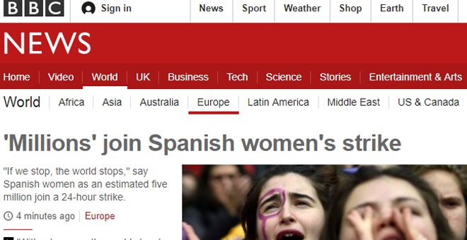 La BBC da cuenta del éxito de la huelga feminista del 8M en España.