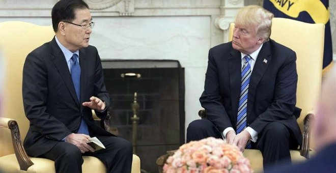 El consejero de seguridad nacional de Corea del Sur, Chung Eui-yong, traslada a Donald Trump Trump el mensaje que les confió Kim Jong-un: su deseo de reunirse con el presidente estadounidense "lo antes posible". EFE/Cheong Wa