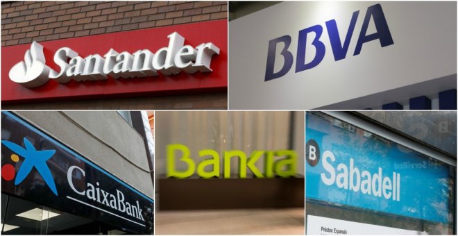 Los logos de los cinco mayores bancos españoles: Banco Santander, BBVA, Caixabank, Bankia y Banco sabadell. EFE/E.P./REUTERS