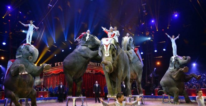 Un espectáculo con elefantes en un circo.