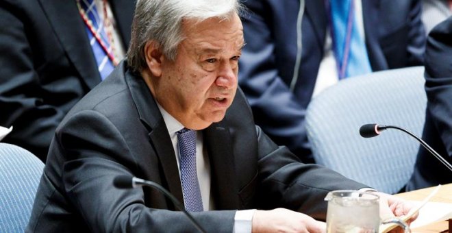 El secretario general de la ONU, Antonio Guterres, interviene en el Consejo de Seguridad tras el ataque de EEUU contra Siria. / EFE
