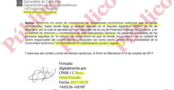 Párrafo del informe firmado por la interventora general de Hacienda de la Generalitat en el que se constata que el 1-O no se cometió malversación.