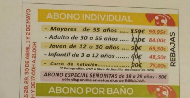 Anuncio de una piscina de Linares que oferta un 'abono especial señoritas de 18 a 28 años'. FACEBOOK
