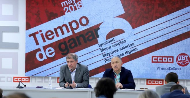 Los secretario generales de CCOO, Unai Sordo, y de UGT, Pepe Àlvarez, durante la presentación de las movilizaciones para el Primero de Mayo.- CCOO