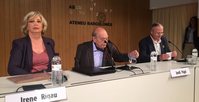 L'exconsellera d'Ensenyament Irene Rigau i l'expresident de la Generalitat Jordi Pujol, en la seva conferència d'aquest dimecres, 20 de maig, a l'Ateneu Barcelonès. CB