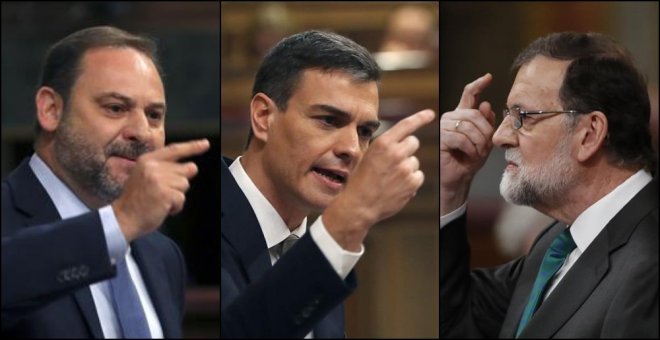 El secretario general del PSOE, Pedro Sánchez; el presidente del gobierno, Mariano Rajoy, y el diputado del PSOE José Luis Ábalos. /EFE