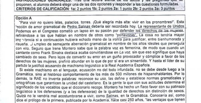 Pregunta del exámen de Selectividad de Extremadura en la que se pide que se analice un artículo de 'El País' que críticaba a Irene Montero por haber utilizado la palabra "portavoza"